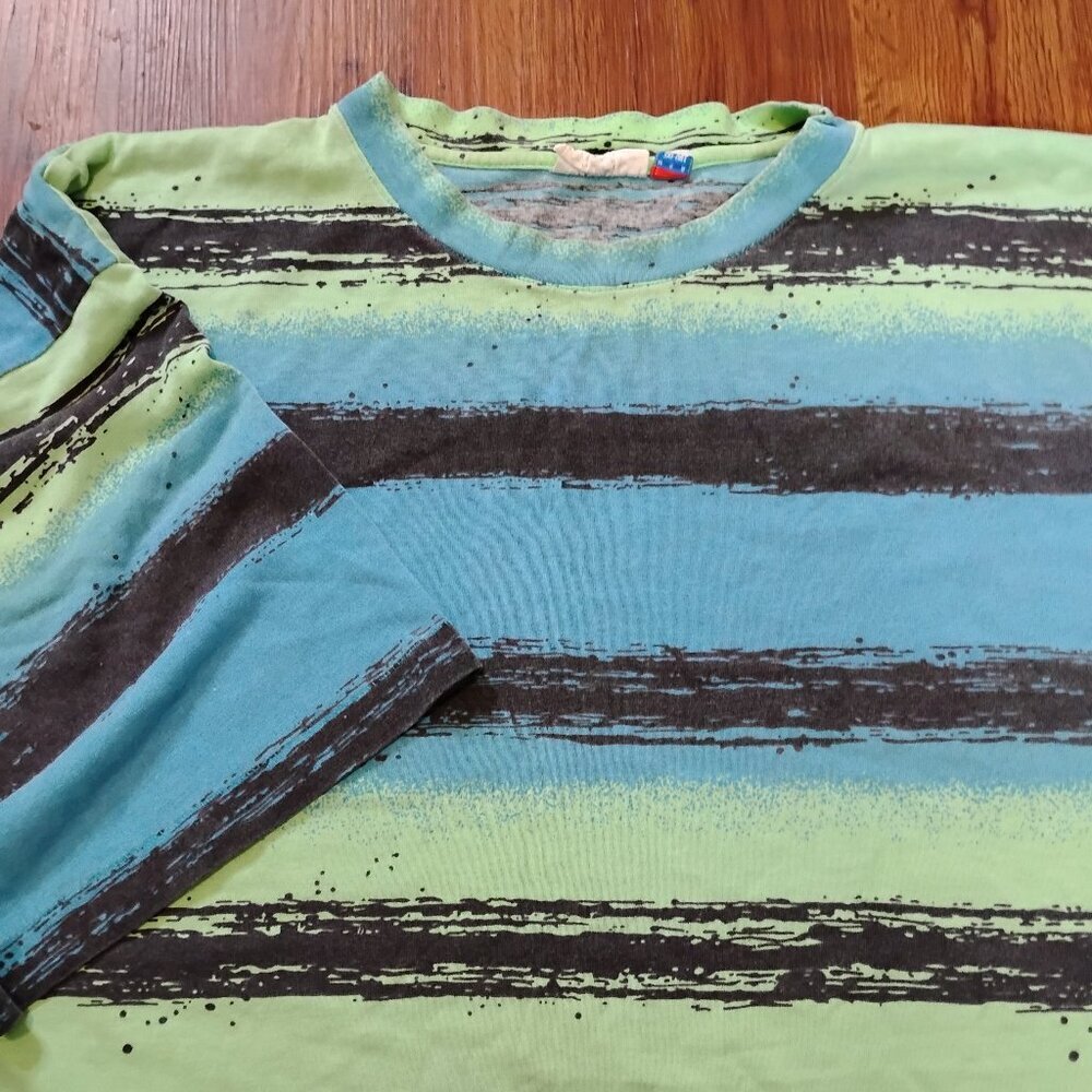 Vintage 90s Big Kanaka Island Gear Striped Neon T-Shirt